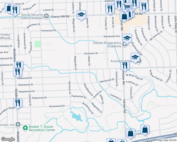 map of restaurants, bars, coffee shops, grocery stores, and more near 28018 Avondale Street in Inkster