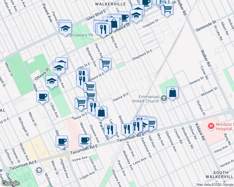 map of restaurants, bars, coffee shops, grocery stores, and more near 1581 Pierre Avenue in Windsor