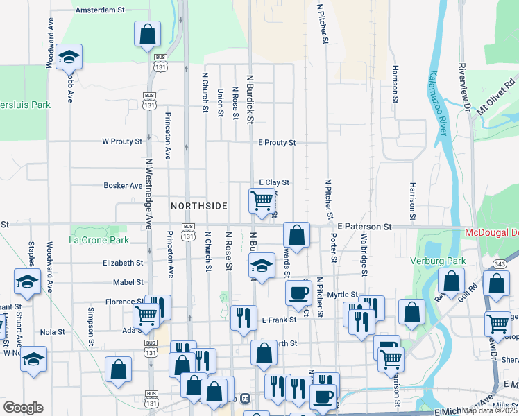 map of restaurants, bars, coffee shops, grocery stores, and more near 1355 Krom Street in Kalamazoo