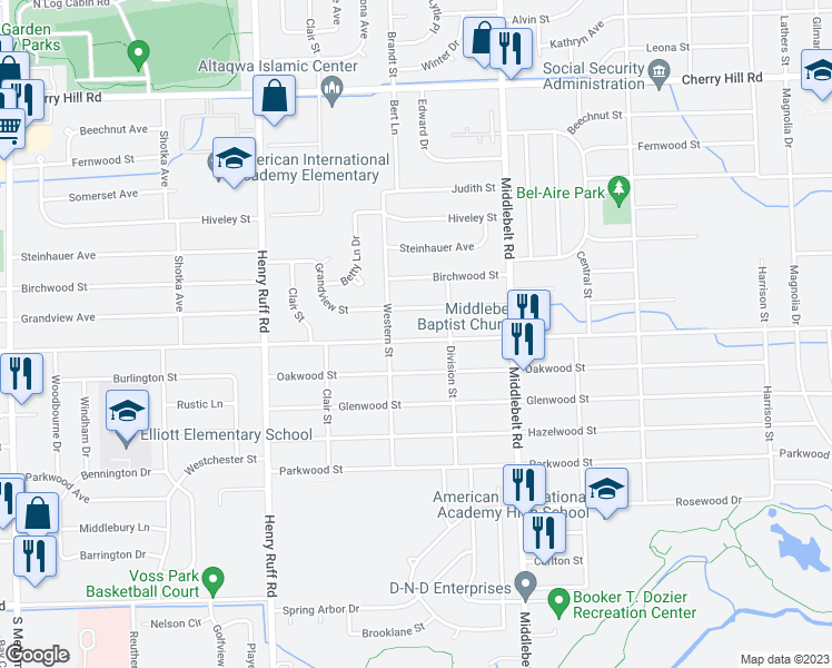 map of restaurants, bars, coffee shops, grocery stores, and more near 29714 Avondale Street in Inkster