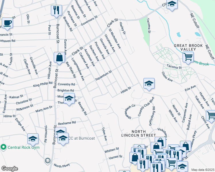 map of restaurants, bars, coffee shops, grocery stores, and more near 119 Sachem Avenue in Worcester