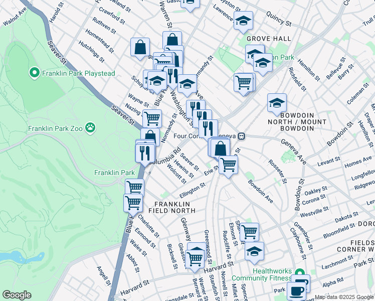 map of restaurants, bars, coffee shops, grocery stores, and more near 73 Columbia Road in Boston