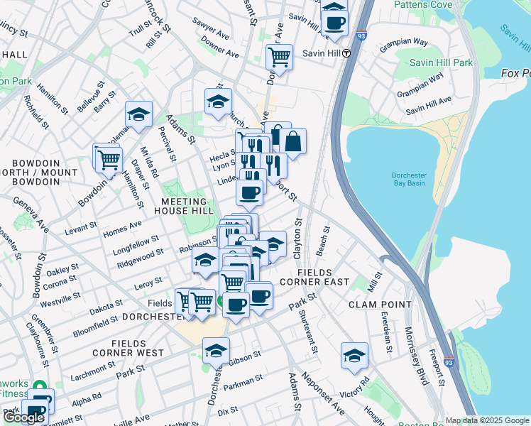 map of restaurants, bars, coffee shops, grocery stores, and more near 29 Orchardfield Street in Boston