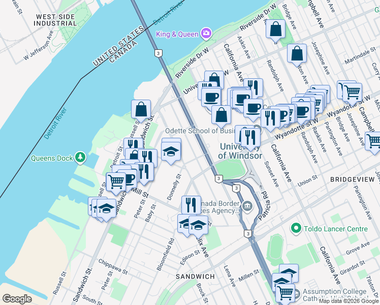 map of restaurants, bars, coffee shops, grocery stores, and more near in Windsor