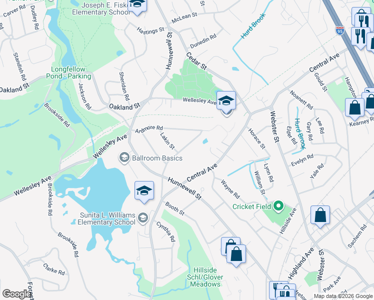 map of restaurants, bars, coffee shops, grocery stores, and more near 47 Taylor Street in Needham