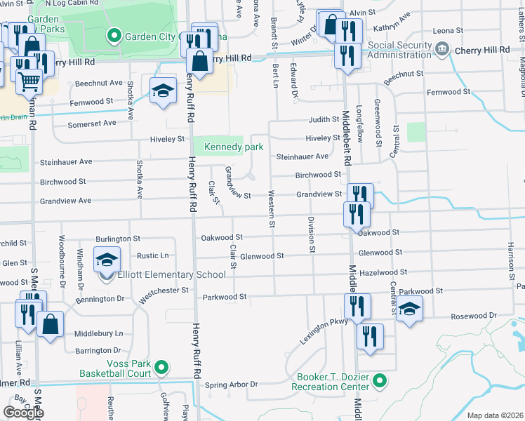 map of restaurants, bars, coffee shops, grocery stores, and more near 29941 Grandview Street in Inkster