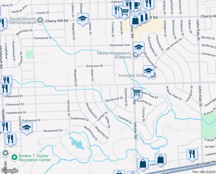 map of restaurants, bars, coffee shops, grocery stores, and more near 27663 Avondale Street in Inkster