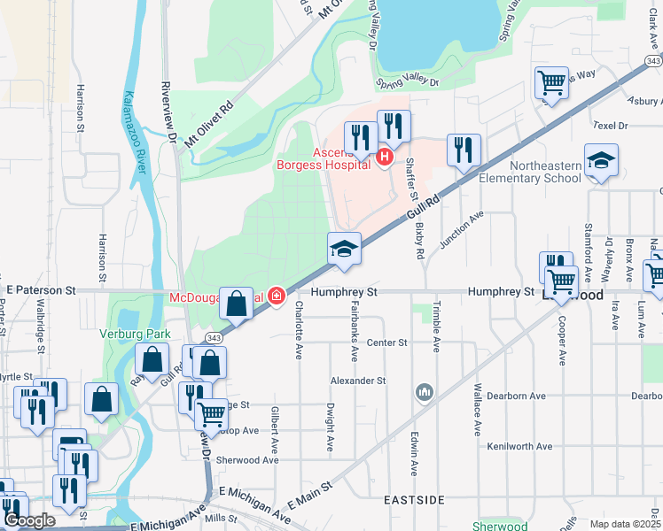 map of restaurants, bars, coffee shops, grocery stores, and more near 1424 Gull Road in Kalamazoo