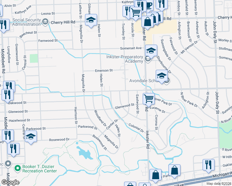 map of restaurants, bars, coffee shops, grocery stores, and more near 27663 Avondale Street in Inkster