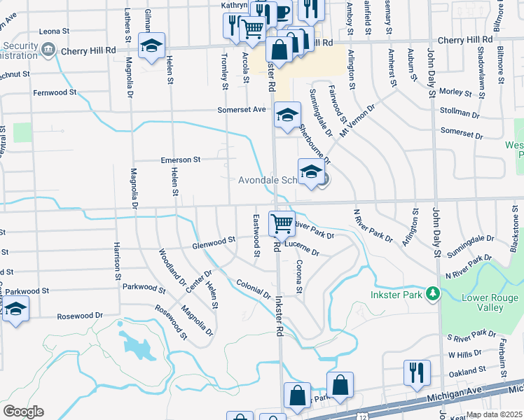 map of restaurants, bars, coffee shops, grocery stores, and more near 27441 Avondale Street in Inkster