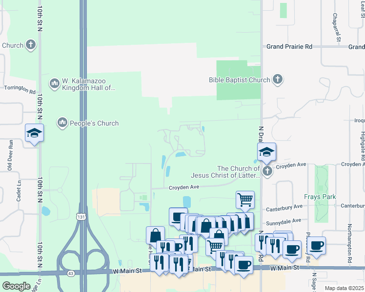 map of restaurants, bars, coffee shops, grocery stores, and more near 1700 Bronson Way in Kalamazoo
