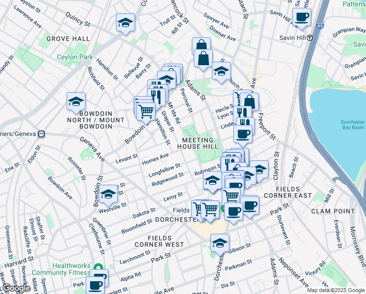 map of restaurants, bars, coffee shops, grocery stores, and more near 77 Mount Ida Road in Boston