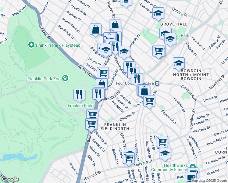 map of restaurants, bars, coffee shops, grocery stores, and more near 349 Seaver Street in Boston