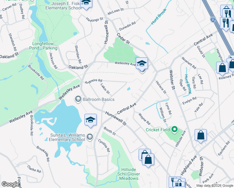 map of restaurants, bars, coffee shops, grocery stores, and more near 47 Taylor Street in Needham