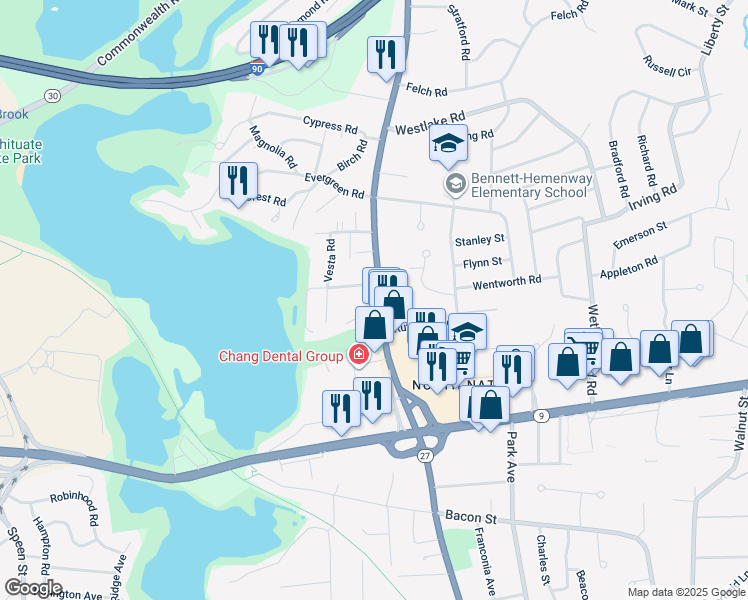 map of restaurants, bars, coffee shops, grocery stores, and more near 6 Perry Road in Natick