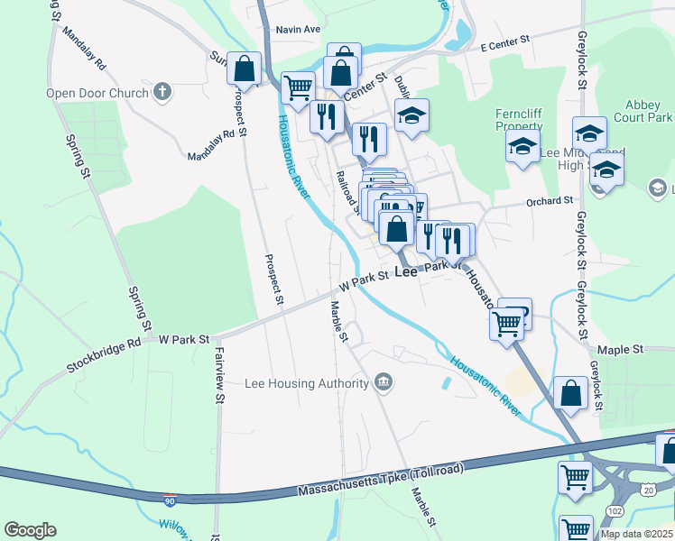 map of restaurants, bars, coffee shops, grocery stores, and more near 152 West Park Street in Lee