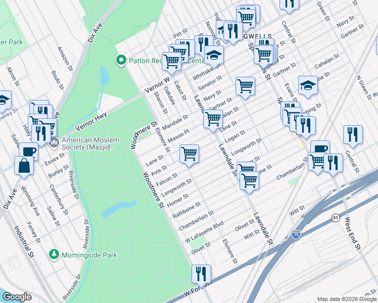 map of restaurants, bars, coffee shops, grocery stores, and more near 8797 Lane Street in Detroit