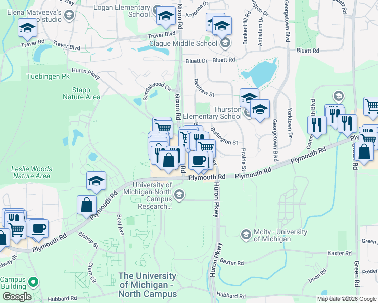 map of restaurants, bars, coffee shops, grocery stores, and more near in Ann Arbor