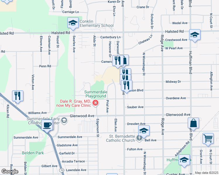 map of restaurants, bars, coffee shops, grocery stores, and more near 3032 Ellen Avenue in Rockford