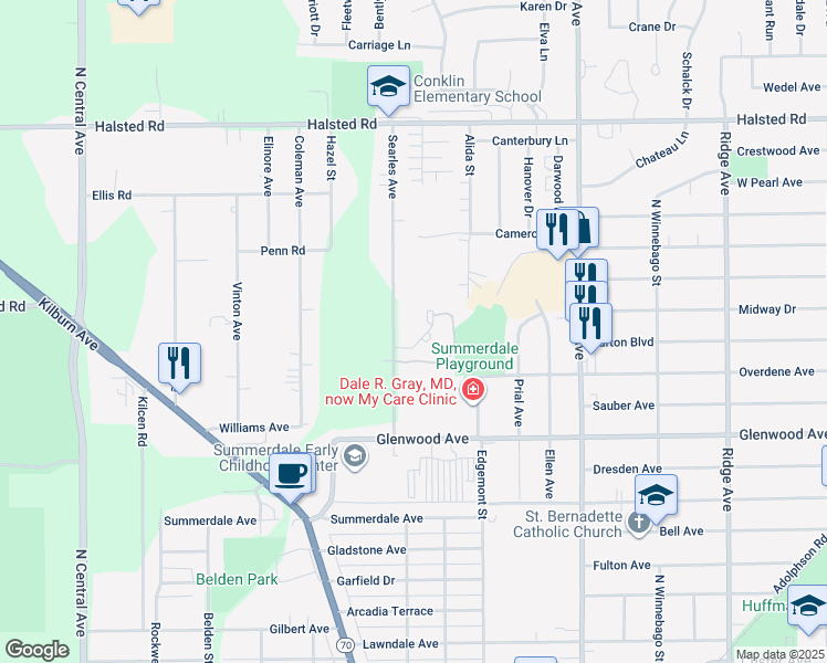 map of restaurants, bars, coffee shops, grocery stores, and more near 2919 Searles Avenue in Rockford