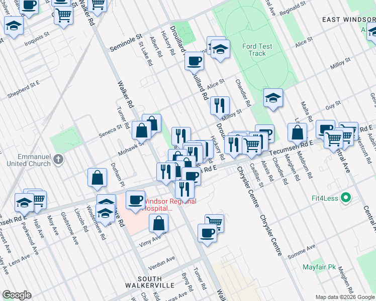 map of restaurants, bars, coffee shops, grocery stores, and more near in Windsor