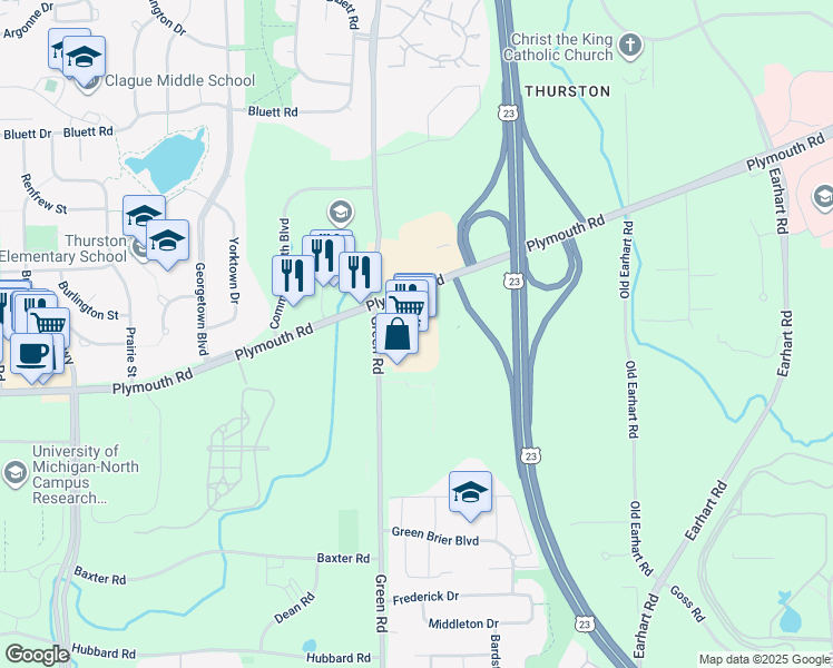 map of restaurants, bars, coffee shops, grocery stores, and more near 3584 Plymouth Road in Ann Arbor
