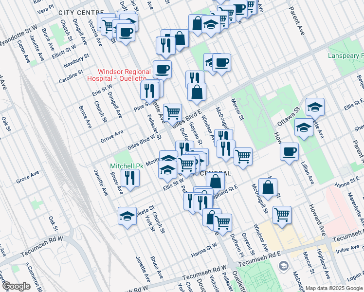 map of restaurants, bars, coffee shops, grocery stores, and more near 1290 Ouellette Avenue in Windsor