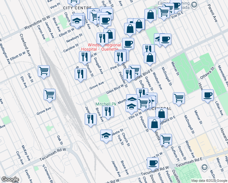 map of restaurants, bars, coffee shops, grocery stores, and more near 1210 Dougall Avenue in Windsor