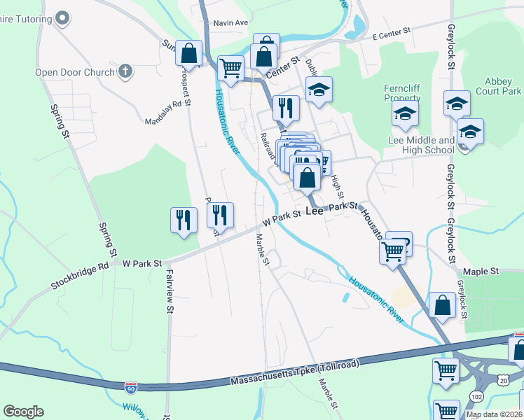 map of restaurants, bars, coffee shops, grocery stores, and more near 154 West Park Street in Lee