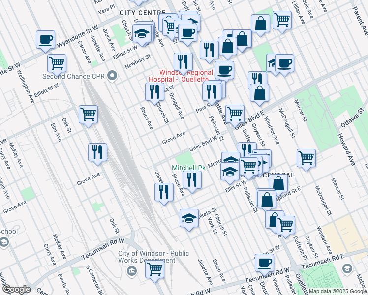 map of restaurants, bars, coffee shops, grocery stores, and more near 380 Giles Boulevard West in Windsor