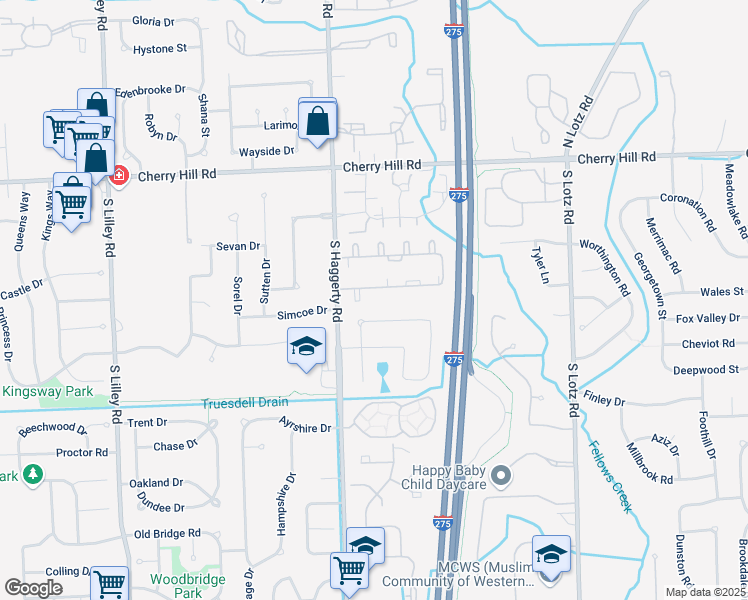 map of restaurants, bars, coffee shops, grocery stores, and more near 41285 Southwind Drive in Canton