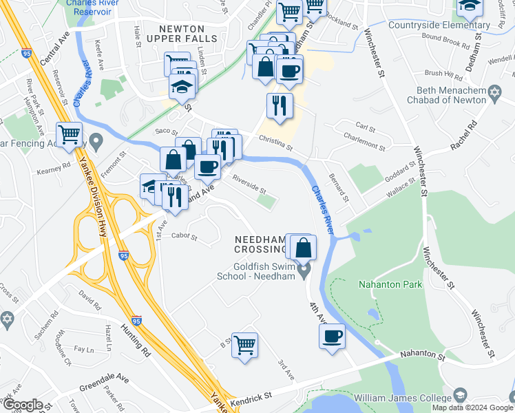 map of restaurants, bars, coffee shops, grocery stores, and more near 59 Highland Terrace in Needham