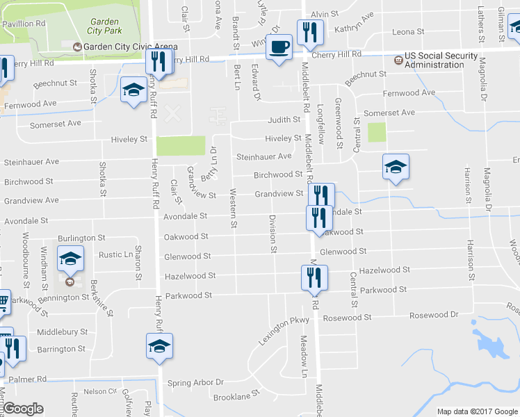 map of restaurants, bars, coffee shops, grocery stores, and more near 29648 Avondale Street in Inkster