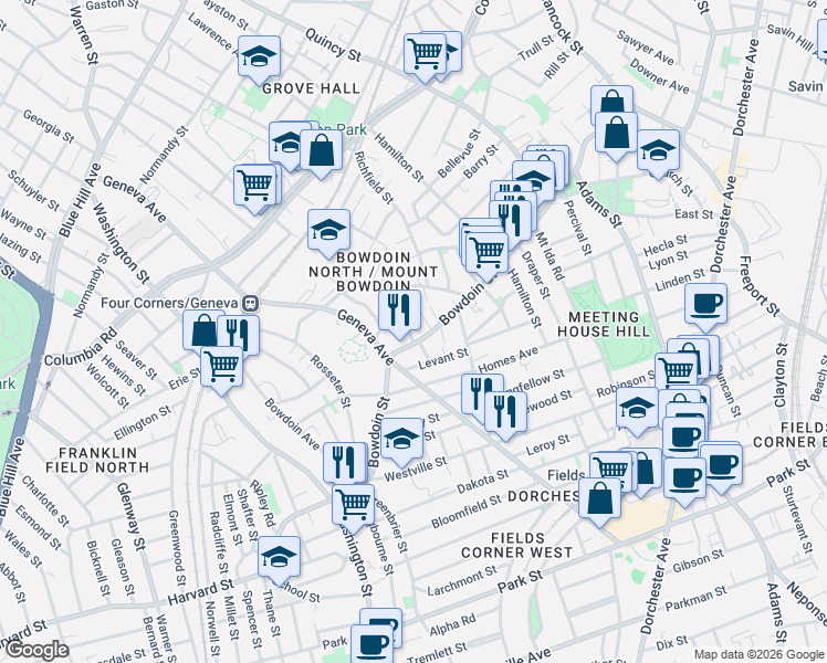 map of restaurants, bars, coffee shops, grocery stores, and more near 7 Blakeville Street in Boston