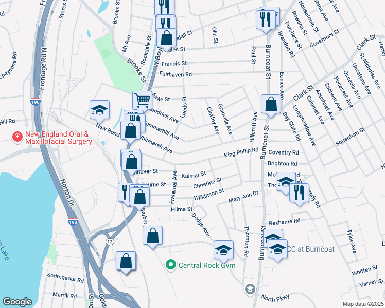 map of restaurants, bars, coffee shops, grocery stores, and more near 93 Whitmarsh Avenue in Worcester
