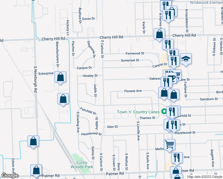 map of restaurants, bars, coffee shops, grocery stores, and more near 36150 Florane Street in Westland