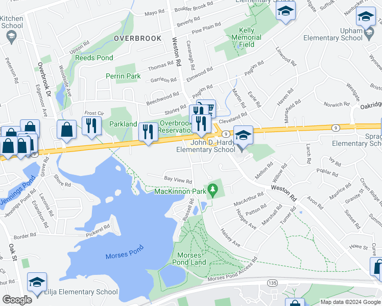 map of restaurants, bars, coffee shops, grocery stores, and more near 874 Massachusetts 9 in Wellesley