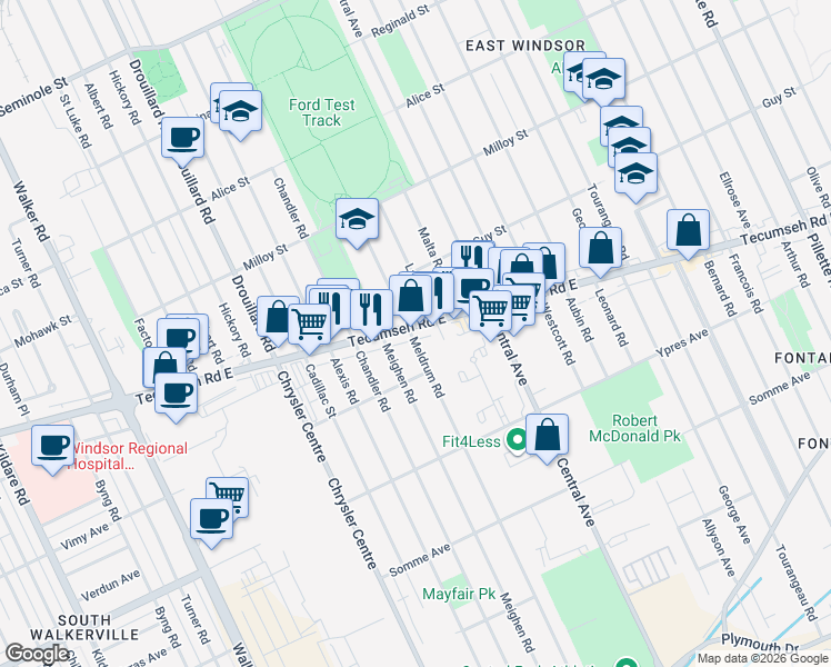 map of restaurants, bars, coffee shops, grocery stores, and more near 3347 Tecumseh Road East in Windsor