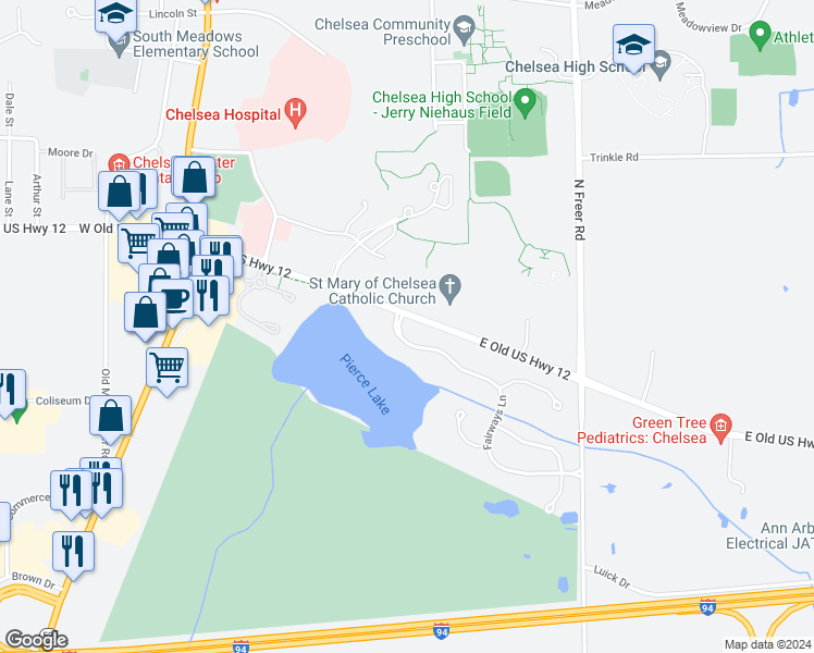 map of restaurants, bars, coffee shops, grocery stores, and more near 301 Fairways Lane in Chelsea
