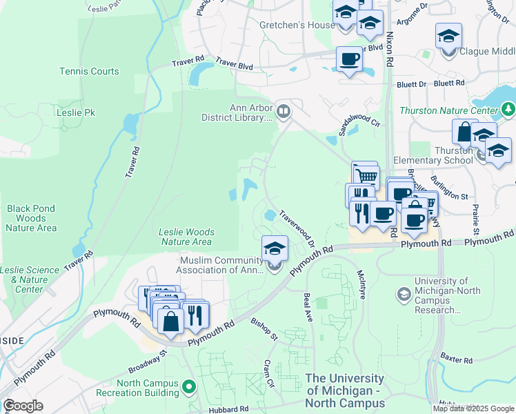 map of restaurants, bars, coffee shops, grocery stores, and more near 2384 Devon Circle in Ann Arbor