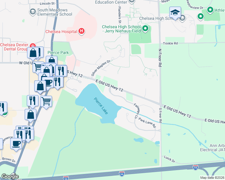 map of restaurants, bars, coffee shops, grocery stores, and more near 301 Fairways Lane in Chelsea