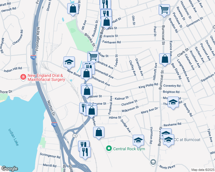 map of restaurants, bars, coffee shops, grocery stores, and more near 12 Leeds Street in Worcester