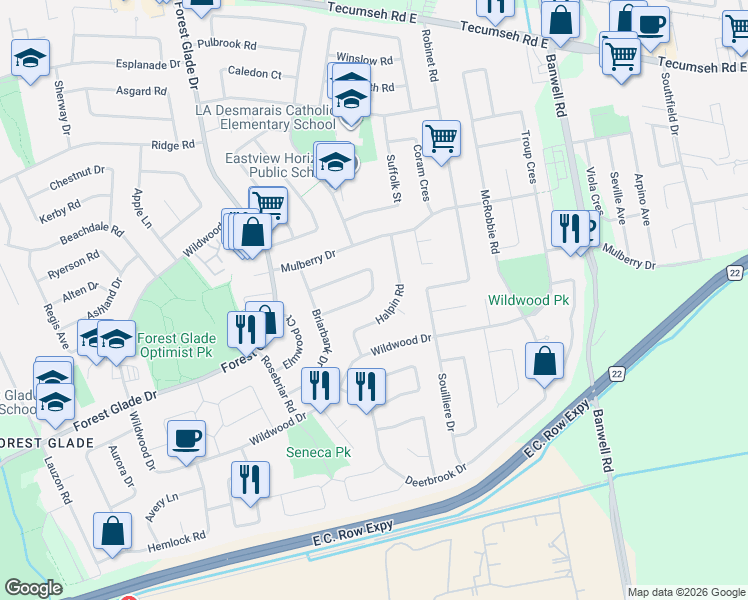 map of restaurants, bars, coffee shops, grocery stores, and more near 10614 Keating Crescent in Windsor