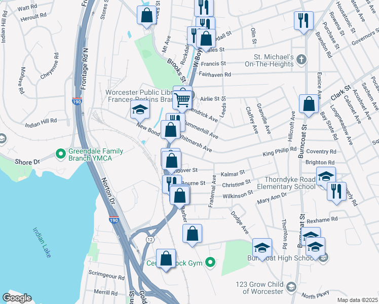map of restaurants, bars, coffee shops, grocery stores, and more near 31 King Philip Road in Worcester