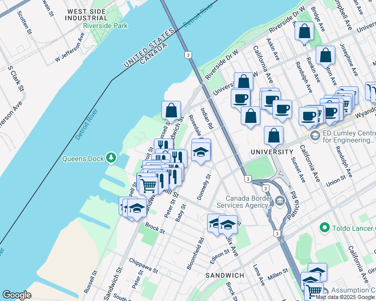 map of restaurants, bars, coffee shops, grocery stores, and more near in Windsor