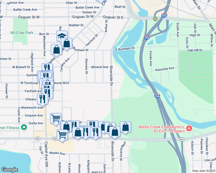 map of restaurants, bars, coffee shops, grocery stores, and more near 359 Riverside Drive in Battle Creek