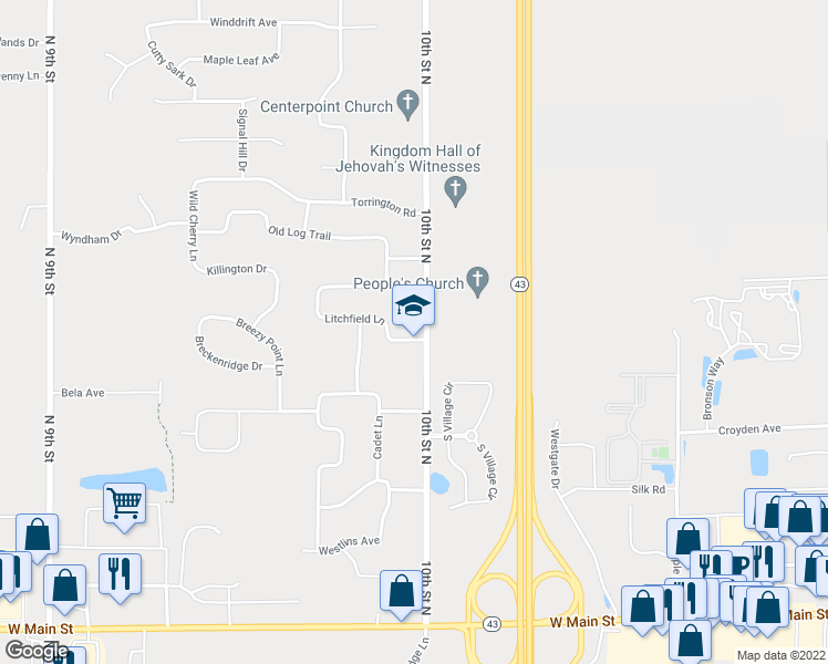 map of restaurants, bars, coffee shops, grocery stores, and more near 6024 Litchfield Lane in Kalamazoo