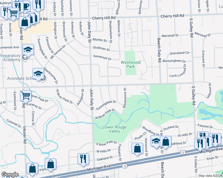 map of restaurants, bars, coffee shops, grocery stores, and more near 1033 Shadowlawn Street in Inkster