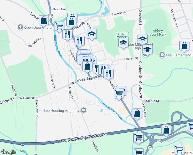 map of restaurants, bars, coffee shops, grocery stores, and more near Park Street in Lee
