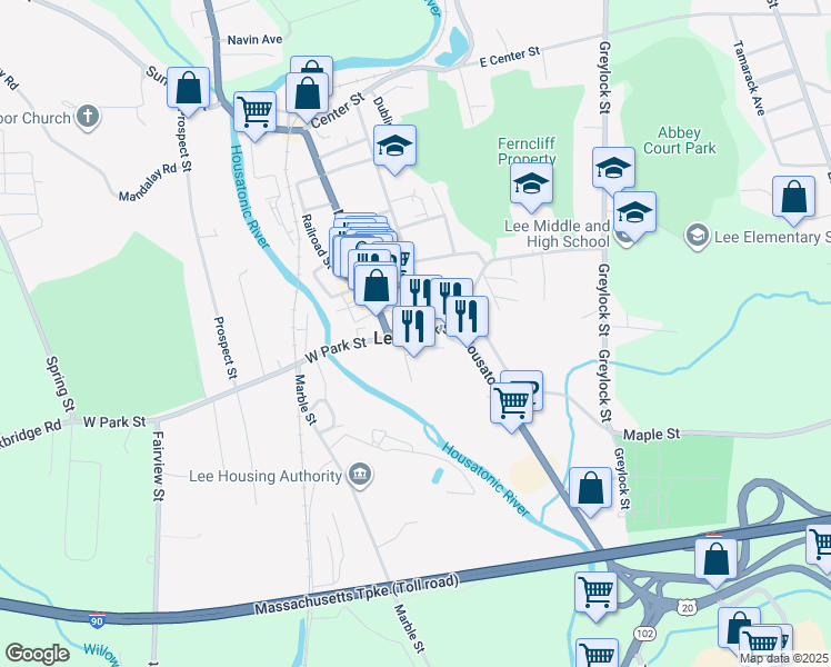 map of restaurants, bars, coffee shops, grocery stores, and more near Park Street in Lee